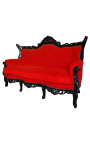 Sofá barroco rococó de 3 lugares veludo vermelho e madeira preta