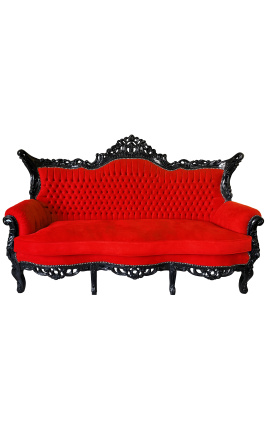 Sofá barroco rococó de 3 lugares veludo vermelho e madeira preta