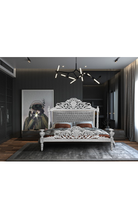 Łóżko w stylu barokowym szara aksamitna tkanina i srebrne drewno