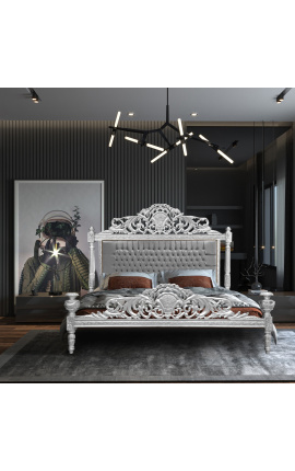 Baročna postelja sivo žametno blago in srebrn les