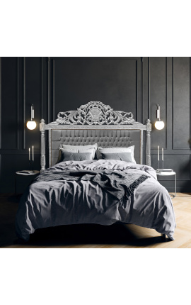 Изголовье кровати в стиле барокко серой бархатной тканью и золотым деревом