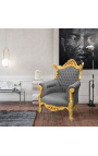 Grand fauteuil Baroque rococo velours gris et bois doré