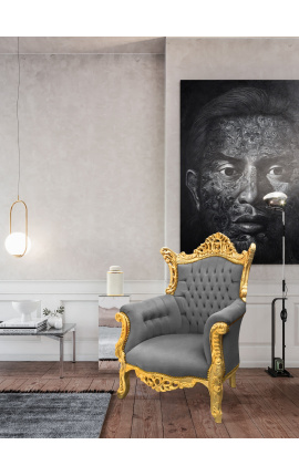 Grand Rococo Barok fauteuil grijs fluweel en verguld hout