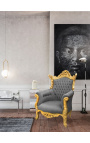 Grand Rococo Baroque armchair gray velvet and gilded wood