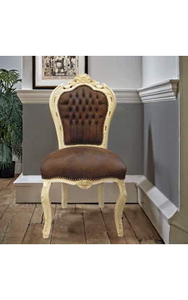 Silla de estilo rococo barroco chocolate suede y madera beige