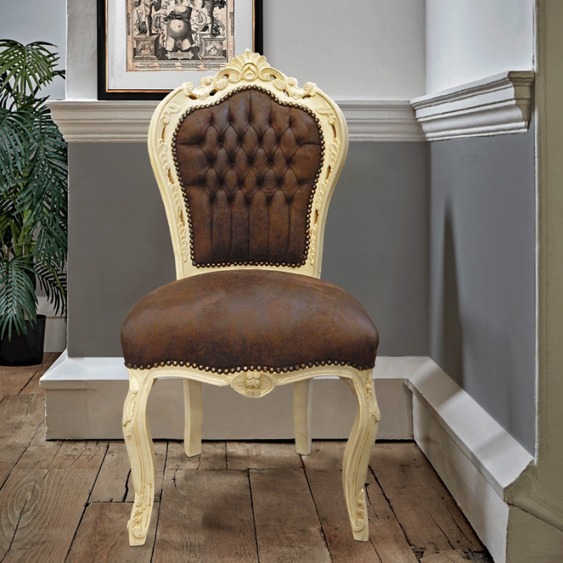 Baroque Rococo style chair chocolate color and beige wood