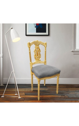Stolica za harfu sa sivom baršunastom tkaninom i zlatnim drvom