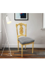 Stolica za harfu sa sivom baršunastom tkaninom i zlatnim drvom