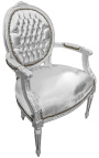 Fotel w stylu barokowym Medalion w stylu Ludwika XVI ze sztucznej srebrnej skóry i posrebrzanego drewna.