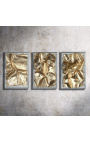 Contemporary "So Gold" triptych with golden leather and plexiglass case