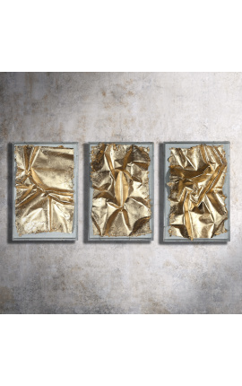 Samtida "Så guld" triptych med gyllene läder och plexiglass fall