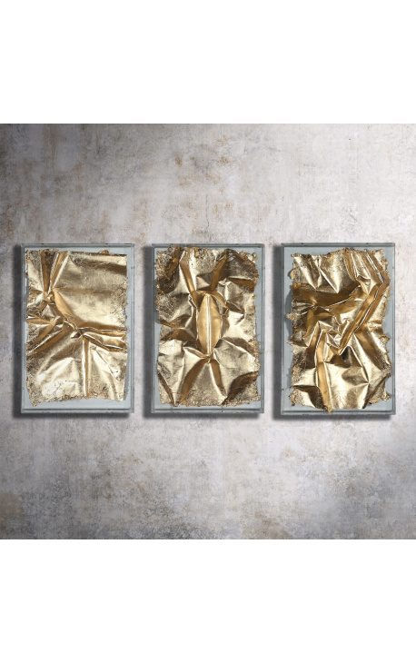 Contemporary "So Gold" triptych with golden leather and plexiglass case