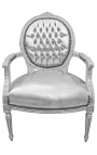 Μπαρόκ πολυθρόνα μενταγιόν σε στιλ Louis XVI από δέρμα ψεύτικο ασημί και ασημένιο ξύλο.