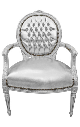 Baroque armchair Louis XVI style medallion in false silver skin leather and silvered wood.