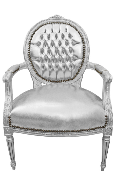 Baroque armchair Louis XVI style medallion in false silver skin leather and silvered wood.