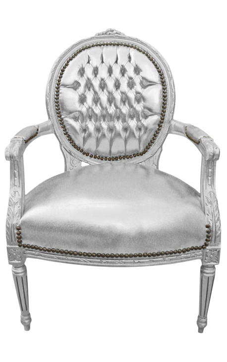 Fauteuil baroque de style Louis XVI simili cuir argent et bois argent