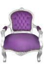 Fauteuil baroque enfant velours mauve et bois argent