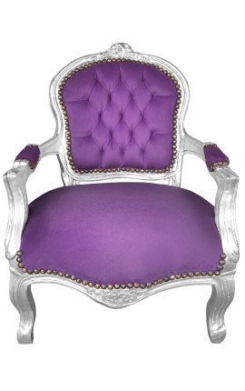 Fauteuil baroque enfant velours mauve et bois argent