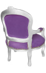 Fauteuil baroque enfant velours mauve et bois argent