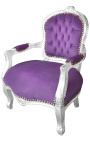 Fauteuil baroque enfant velours mauve et bois argent