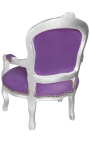 Fauteuil baroque enfant velours mauve et bois argent