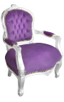 Fauteuil baroque enfant velours mauve et bois argent