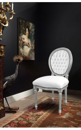 Silla de estilo Luis XVI de cuero blanco y madera plateada