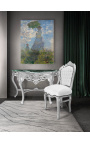 Stuhl im Barock-Rokoko-Stil, weißes Kunstleder und silbernes Holz