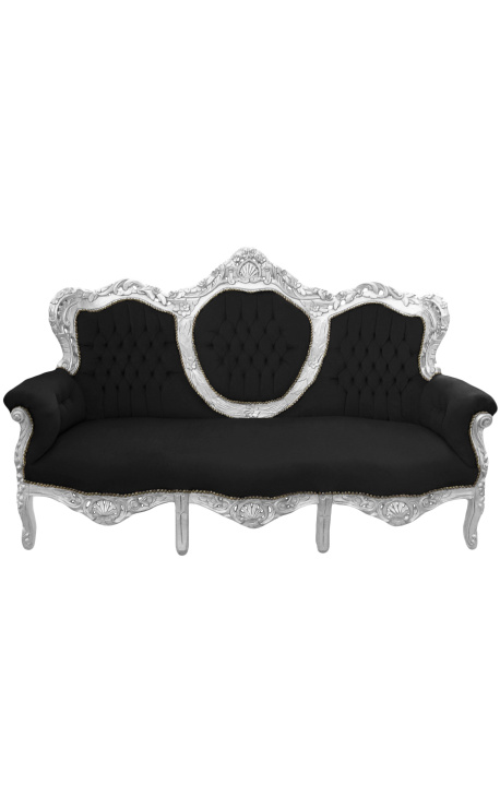 Canapé baroque tissu velours noir et bois argenté