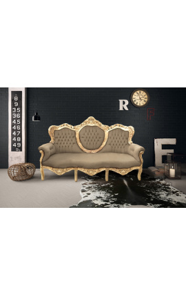Sofá barroco tecido veludo taupe e madeira dourada