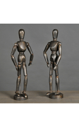 Conjunto de 2 manequins de desenho articulado em madeira escurecida