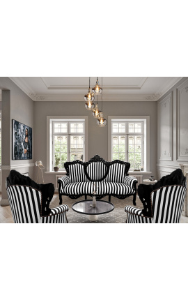 Sofa w stylu barokowym tkanina czarno-białe paski i drewno lakierowane na czarno