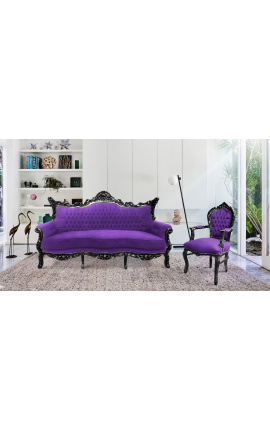 Baroque Rococo 3 seater purple velvet and black wood