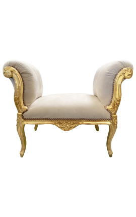 Barock Louis XV bänk beige sammetstyg och guldträ