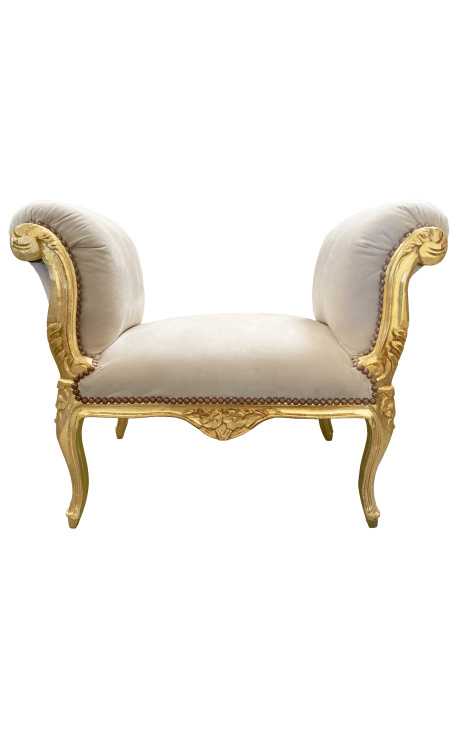 Barocke Louis XV-Bank aus beigem Samtstoff und goldenem Holz