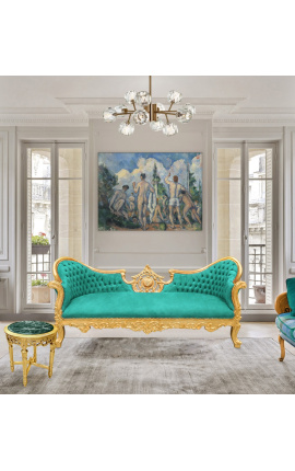 Sofa w stylu barokowym Napoleon III medalion zielona aksamitna tkanina i złote drewno