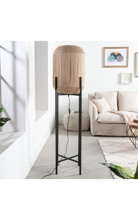 Contemporary rattan floor lamp with metal base