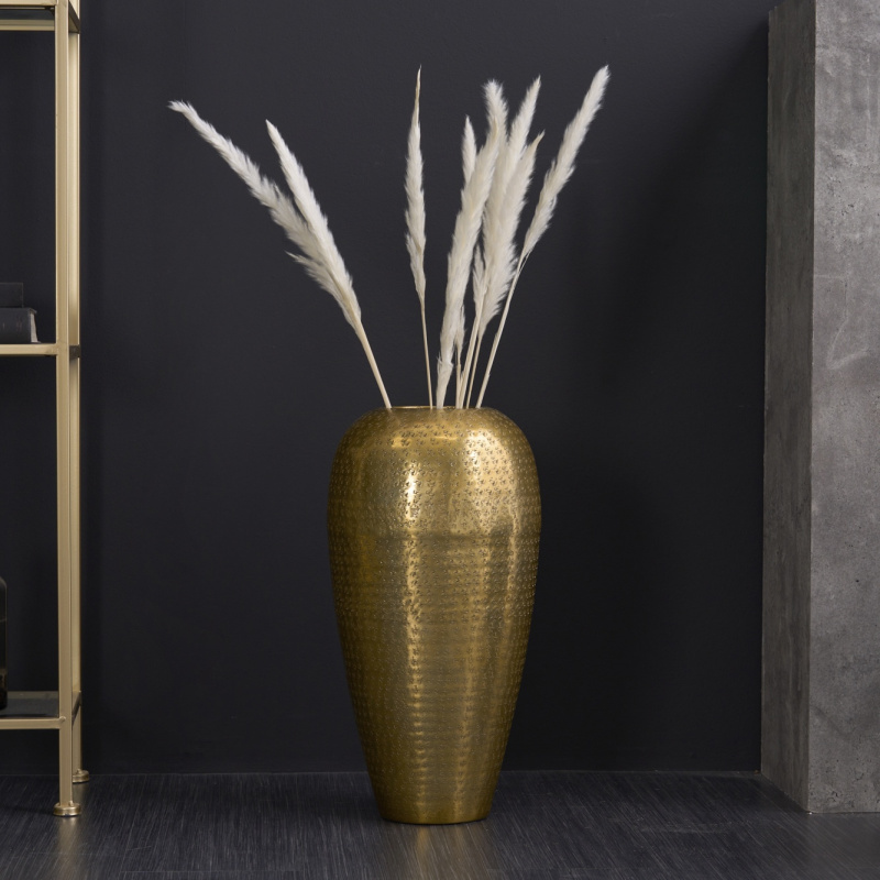 Large hammered cylindrical vase in golden aluminum
