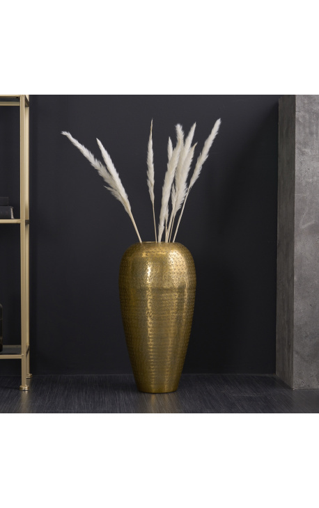 Large hammered cylindrical vase in golden aluminum