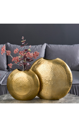 Set aus 2 runden, gehämmerten Vasen aus goldfarbenem Aluminium