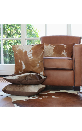 Brown and white cowhide square cushion 45 x 45