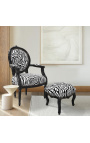 Barokna fotelja u stilu Louisa XVI medaljon zebra crno-bijela tkanina i crno lakirano drvo 