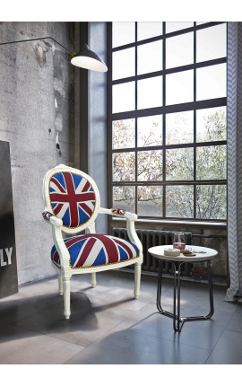 Fauteuil baroque de style Louis XVI &quot;Union Jack&quot; et bois beige