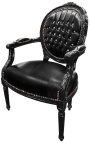 Fauteuil baroque de style Louis XVI simili cuir noir avec strass et bois noir