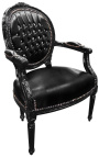 Fauteuil baroque de style Louis XVI simili cuir noir avec strass et bois noir