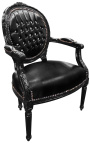 Baroque armchair Louis XVI style medallion black leatherette with rhinestones and black lacquered wood 