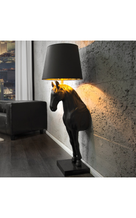 Lampe sur pied cheval noir et doré avec pied en marbre noir