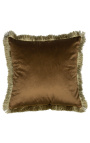 Square cushion in cognac velvet with golden fringe braid 45 x 45
