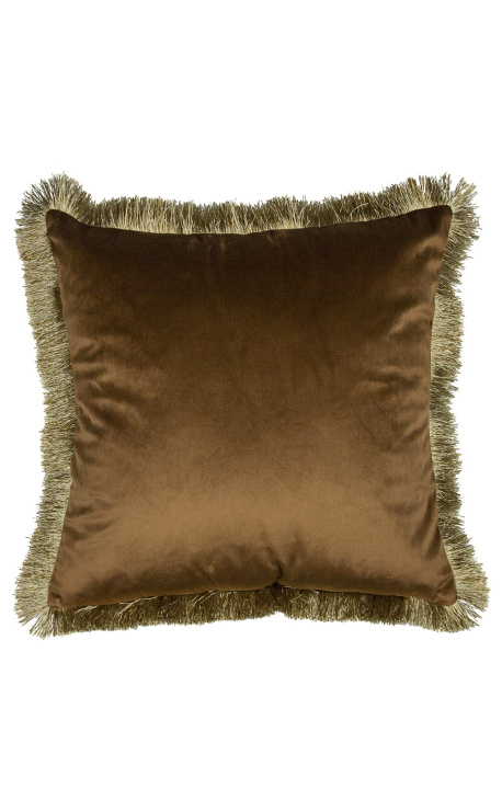 Square cushion in cognac velvet with golden fringe braid 45 x 45