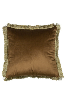 Kwadratowa poduszka z koniakowego aksamitu ze złotymi frędzlami 45 x 45